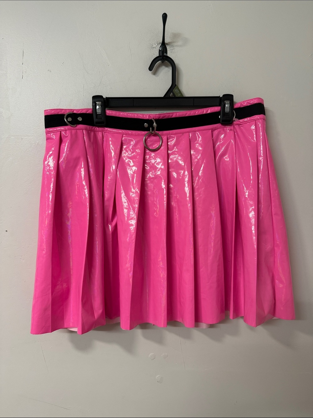 Pink Pleated Vinyl Mini Skirt with Ring Detail